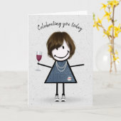Stick Figuur Birthday Girl met Wine Glass Kaart (Gele Bloem)