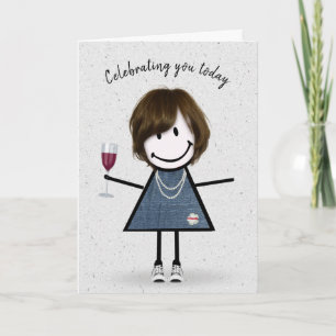 Stick Figuur Birthday Girl met Wine Glass Kaart