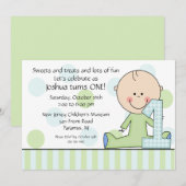 Stick figuur Boy 1st Birthday Uitnodiging (Voorkant / Achterkant)