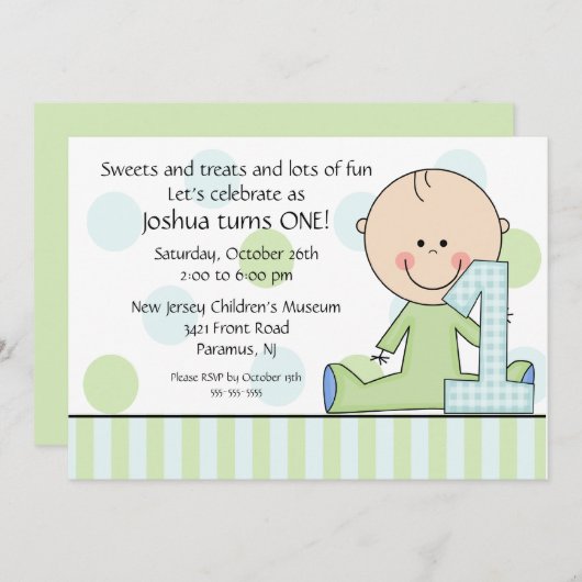 Stick figuur Boy 1st Birthday Uitnodiging (Voorkant / Achterkant)
