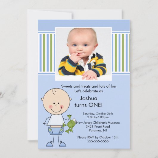 Stick figuur Boy 1st Photo Birthday Invitation Kaart (Voorkant)