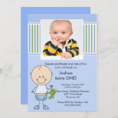 Stick figuur Boy 1st Photo Birthday Invitation Kaart (Voorkant / Achterkant)
