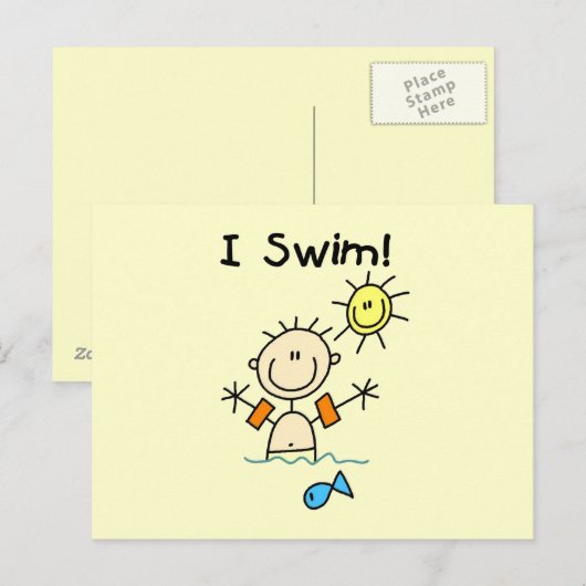 Stick Figuur Boy I Swim Briefkaart (Voorkant / Achterkant)