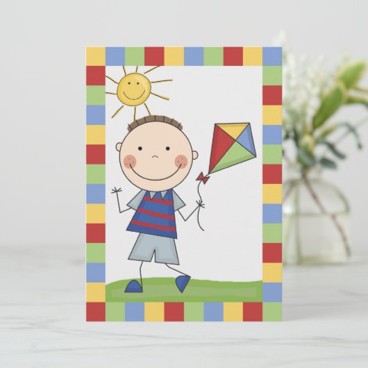 Stick Figuur Boy met Kite Birthday nodigt uit Kaart (Staand voorkant)