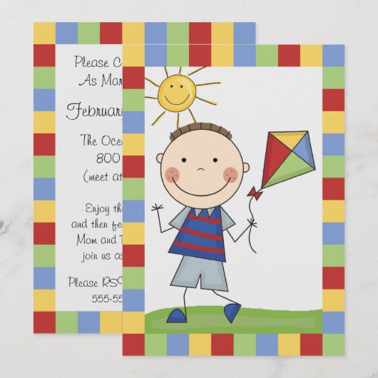 Stick Figuur Boy met Kite Birthday nodigt uit Kaart (Voorkant / Achterkant)
