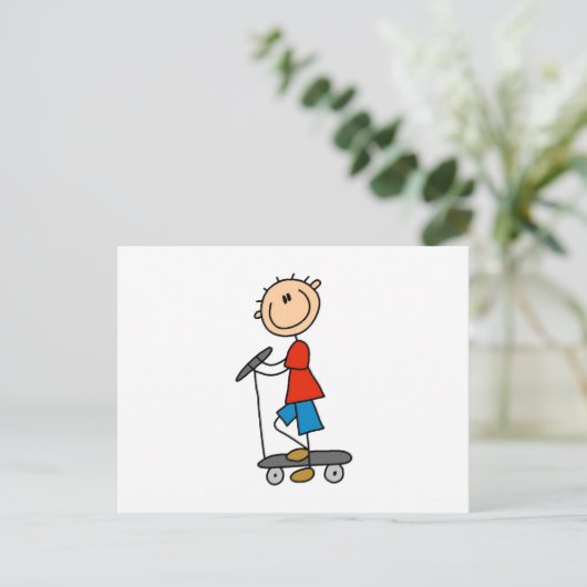 Stick Figuur Boy op Scooter Briefkaart (Staand voorkant)