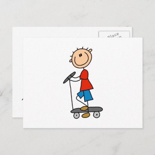Stick Figuur Boy op Scooter Briefkaart (Voorkant / Achterkant)