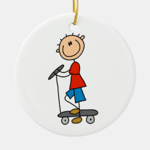 Stick Figuur Boy op Scooter Keramisch Ornament