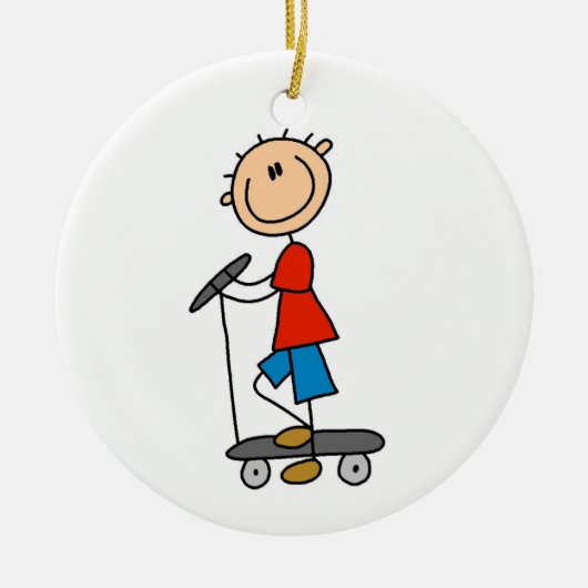 Stick Figuur Boy op Scooter Keramisch Ornament (Voorkant)