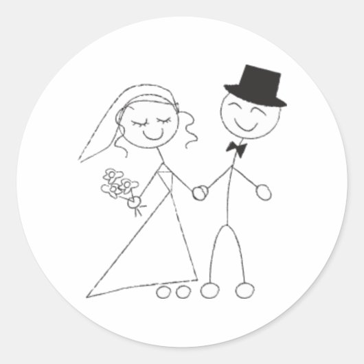 Stick Figuur Bride & Groom Wedding RSVP Uitnodigin Ronde Sticker (Voorkant)