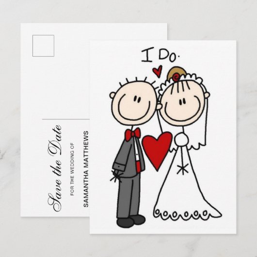 Stick Figuur Bride & Groom Wedding sparen de Datum Briefkaart (Voorkant / Achterkant)