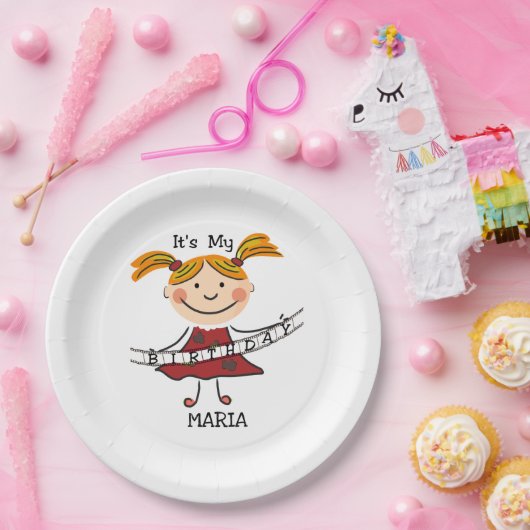 Stick Figuur Girl Het is mijn verjaardag Papieren Bordje (Feest)