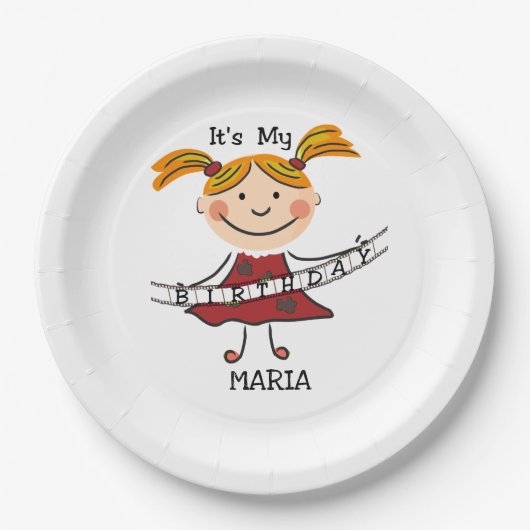 Stick Figuur Girl Het is mijn verjaardag Papieren Bordje (Voorkant)