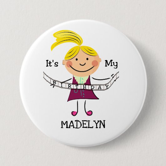 Stick Figuur Girl Het is mijn verjaardag Ronde Button 7,6 Cm (Voorkant)