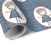 Stick Figuur Girl in Sneakers op Blue Denim Cadeaupapier (Rol Hoek)