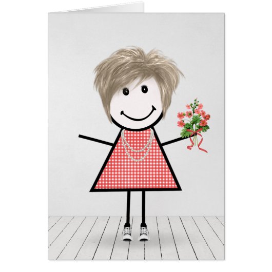 Stick Figuur Girl met Birthday Bouquet (Voorkant)