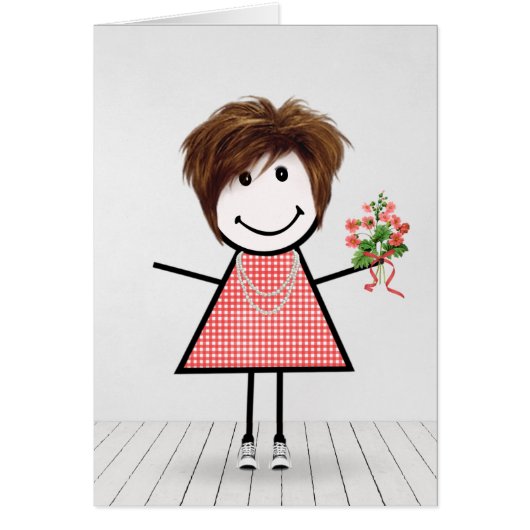 Stick Figuur Girl met Birthday Bouquet (Voorkant)