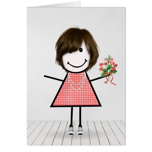 Stick Figuur Girl met Birthday Bouquet (Voorkant)