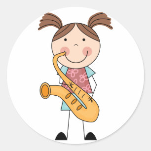 Stick Figuur Girl met saxophone Ronde Sticker