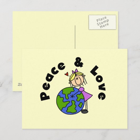 Stick Figuur Girl Peace and Love T-shirts en Gift Briefkaart (Voorkant / Achterkant)