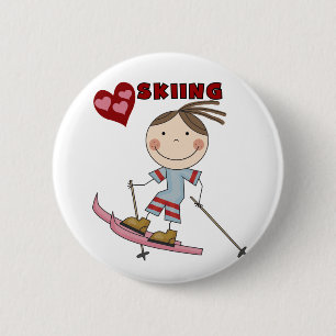 Stick Figuur Girl Skier Tshirts en Gifts Ronde Button 5,7 Cm