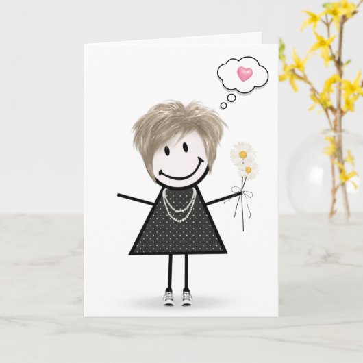 Stick Figuur Girl Thinking of You Kaart (Gele Bloem)