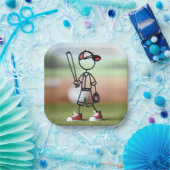 Stick figuur honkbalspeler met rode Sneakers Papieren Bordje (Feest)