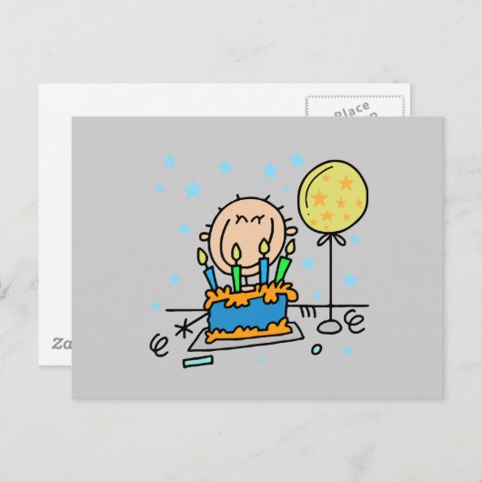 Stick figuur jongen met verjaardagstaart geschenke briefkaart (Voorkant / Achterkant)