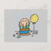 Stick figuur jongen met verjaardagstaart geschenke briefkaart (Voorkant)