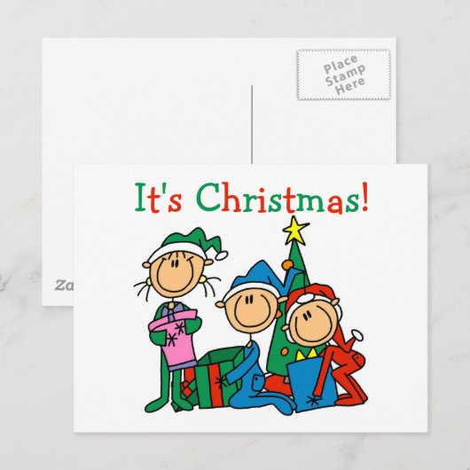 Stick Figuur Kinder Het zijn kersttshirts en cadea Feestdagenkaart (Voorkant / Achterkant)