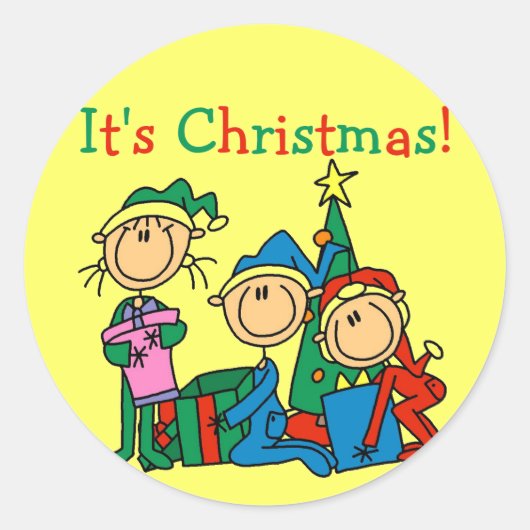Stick Figuur Kinder Het zijn kersttshirts en cadea Ronde Sticker (Voorkant)