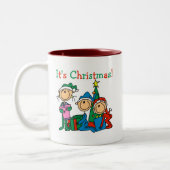Stick Figuur Kinder Het zijn kersttshirts en cadea Tweekleurige Koffiemok (Links)
