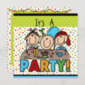 Stick Figuur Kinderen van Birthday Partij Uitnodig Kaart (Voorkant / Achterkant)
