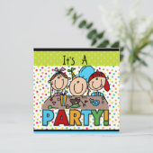 Stick Figuur Kinderen van Birthday Partij Uitnodig Kaart (Staand voorkant)