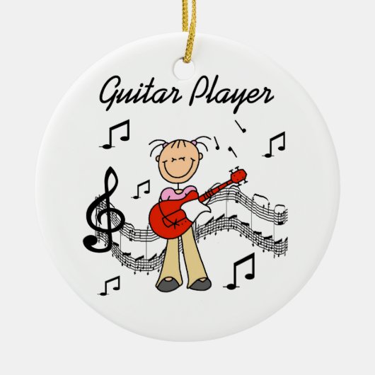 Stick Figuur Meisje Gitaarspeler T-shirts en gesch Keramisch Ornament (Voorkant)