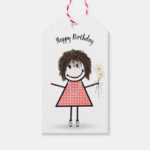 Stick figuur meisje in gingham jurk cadeaulabel (Voorkant)