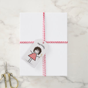 Stick figuur meisje in gingham jurk cadeaulabel