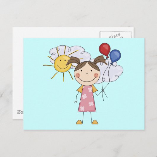 Stick figuur meisje met ballonnen T-shirts en gesc Briefkaart (Voorkant / Achterkant)