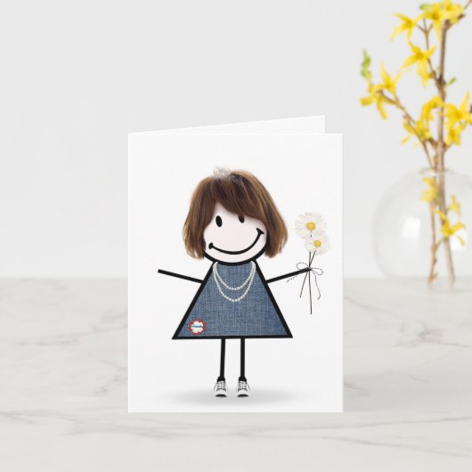 Stick Figuur meisje met Daisies Kaart (Gele Bloem)
