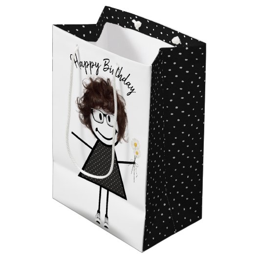 Stick Figuur meisje met Daisies Medium Cadeauzakje (Voorkant Gekanteld)