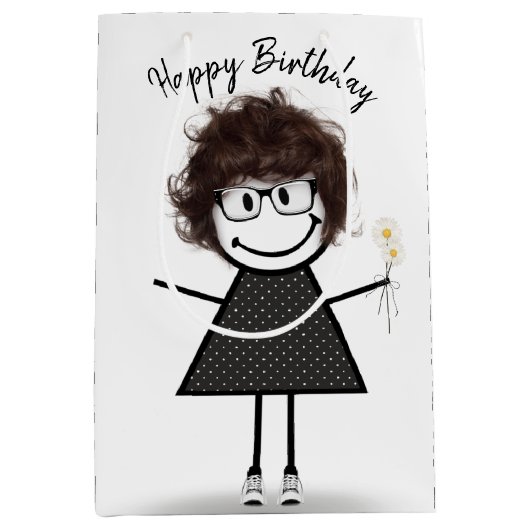 Stick Figuur meisje met Daisies Medium Cadeauzakje (Voorkant)
