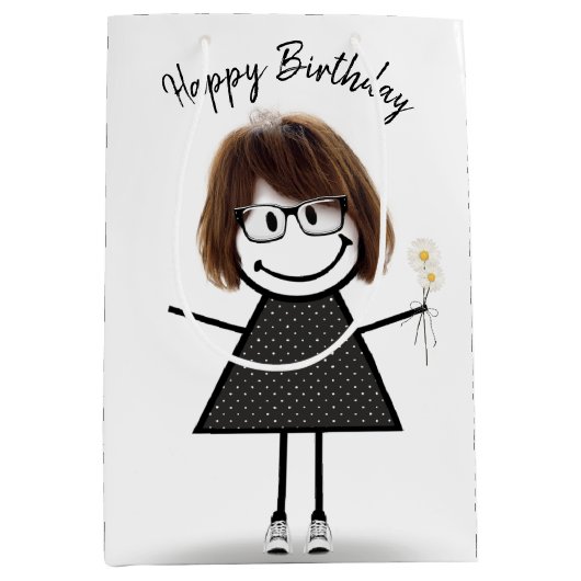 Stick Figuur meisje met Daisies Medium Cadeauzakje (Voorkant)