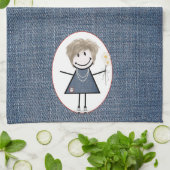 Stick Figuur meisje met Daisies op Denim Theedoek (Gevouwen)
