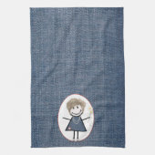Stick Figuur meisje met Daisies op Denim Theedoek (Verticaal)