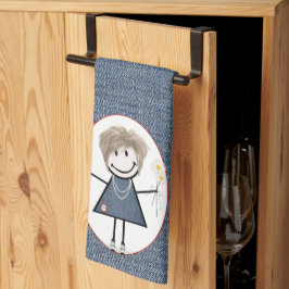 Stick Figuur meisje met Daisies op Denim Theedoek