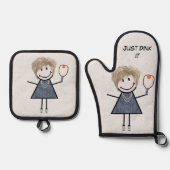 Stick figuur meisje met pickleball peddel ovenwant & pannenlap set (Voorkant)