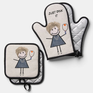 Stick figuur meisje met pickleball peddel ovenwant & pannenlap set