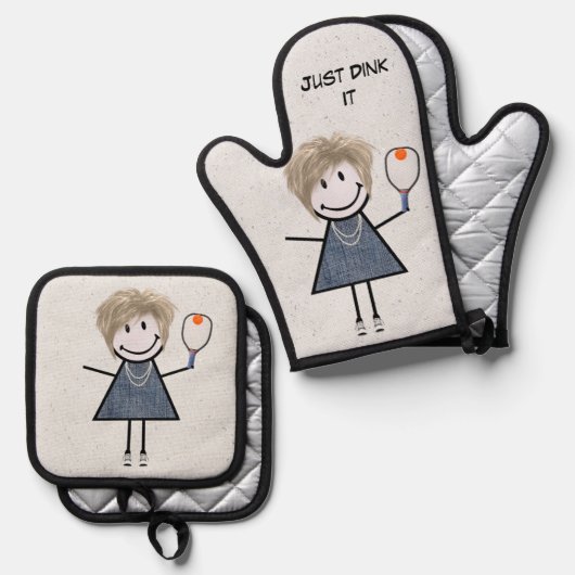 Stick figuur meisje met pickleball peddel ovenwant & pannenlap set (Voorkant / Achterkant)