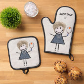 Stick figuur meisje met pickleball peddel ovenwant & pannenlap set (Top down)