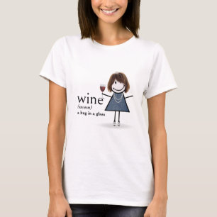 Stick figuur meisje met rode wijn glas t-shirt